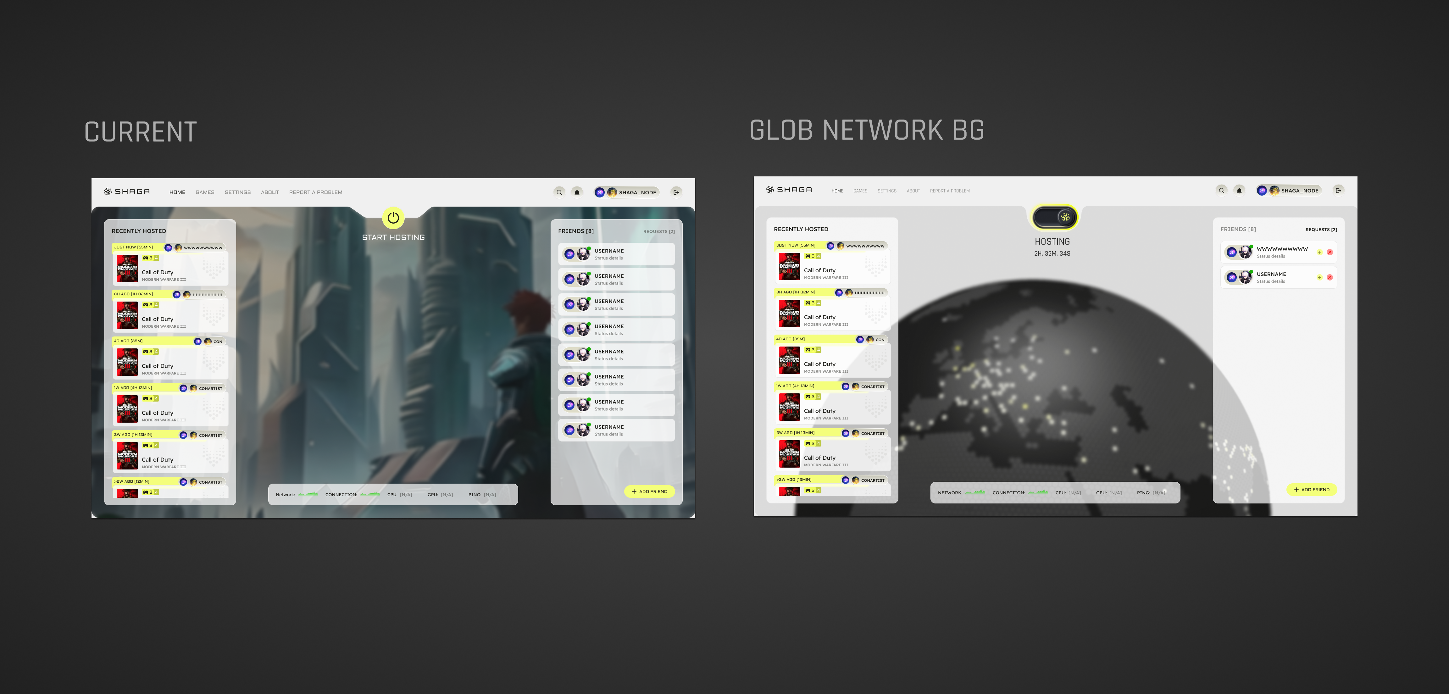 Shaga Node UX revisions comparing the current interface with the Glob Network background direction