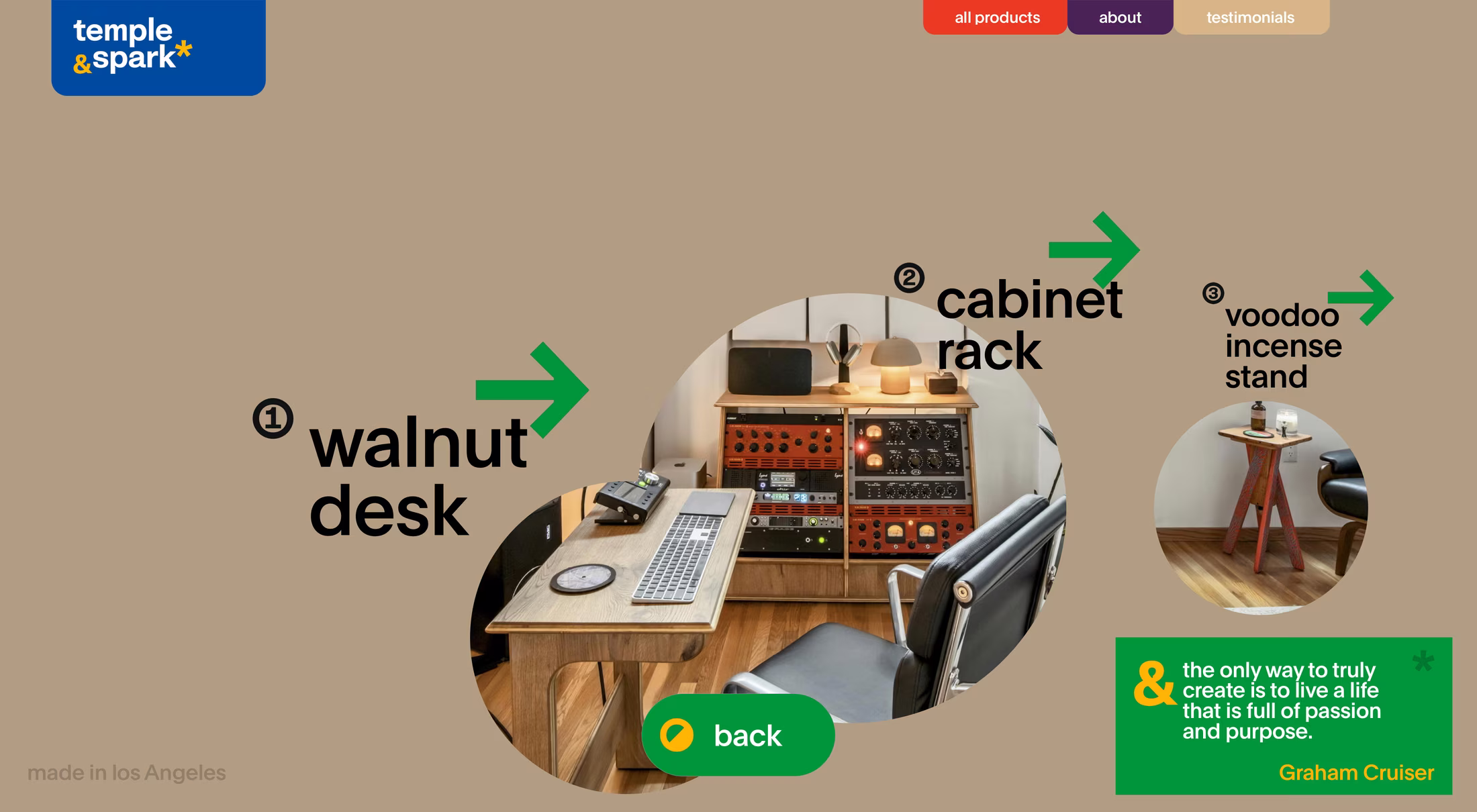 Temple & Spark studio furniture product family across desks, sidecars, and rack cabinets