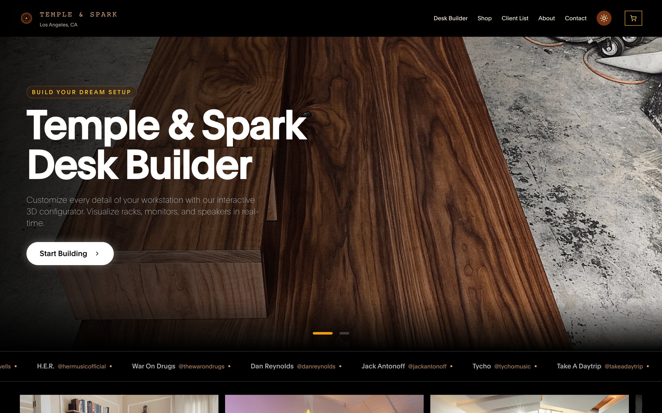 templeandspark.com home - desk builder hero with client marquee