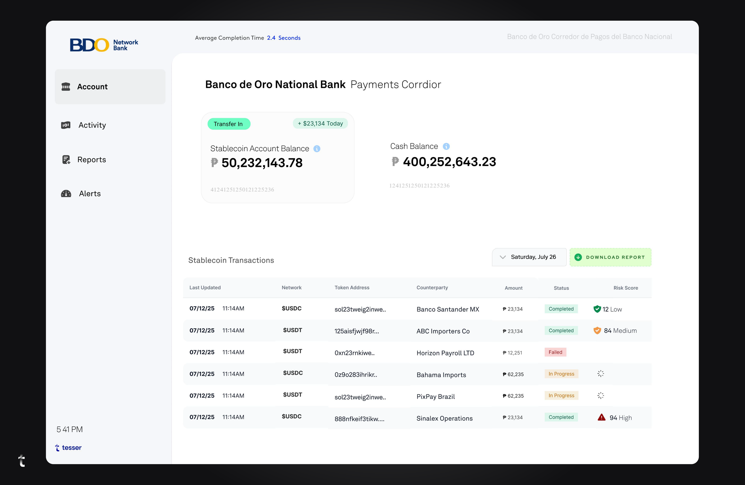 Tesser bank payments corridor dashboard with cash and stablecoin balances