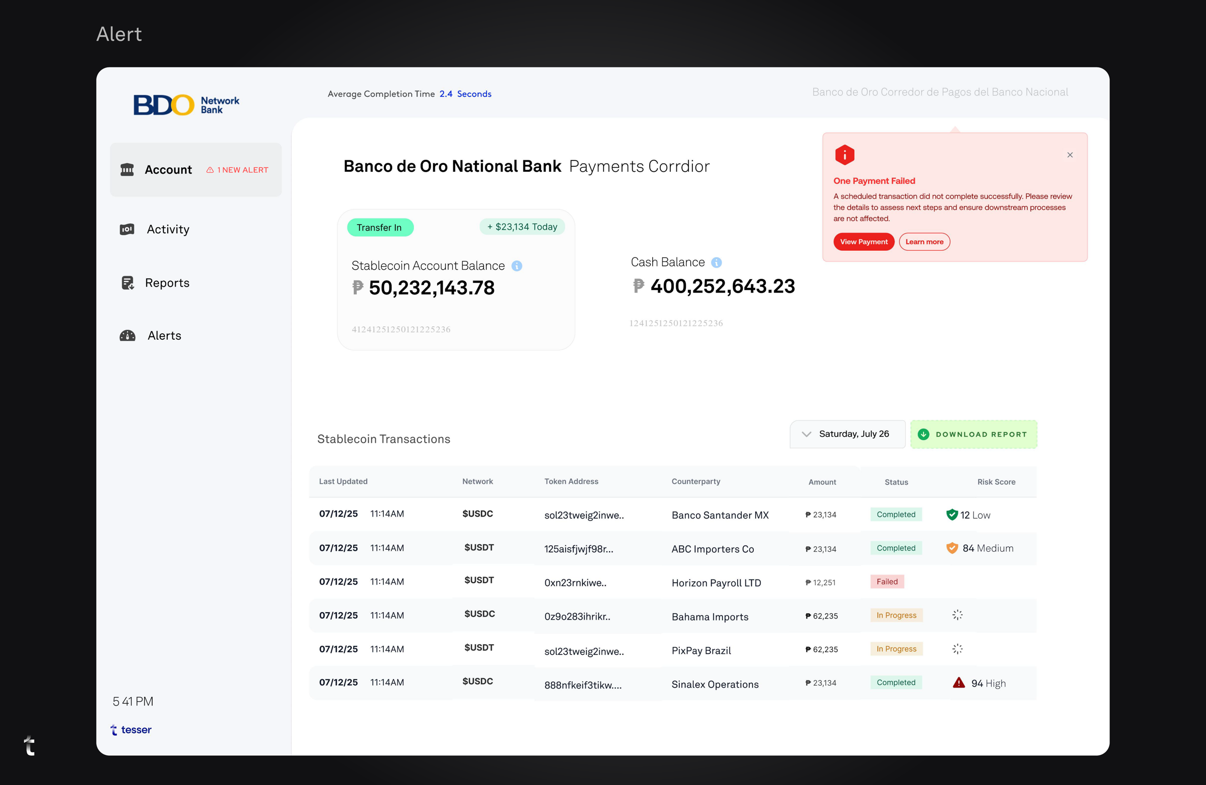 Tesser failed-payment alert and transaction risk states