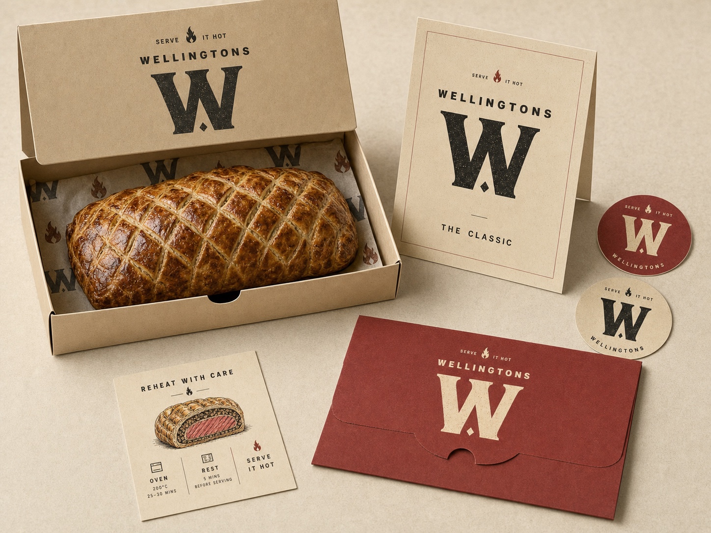 Wellingtons e-commerce unboxing experience with shipping carton, menu card, seals, and reheating card